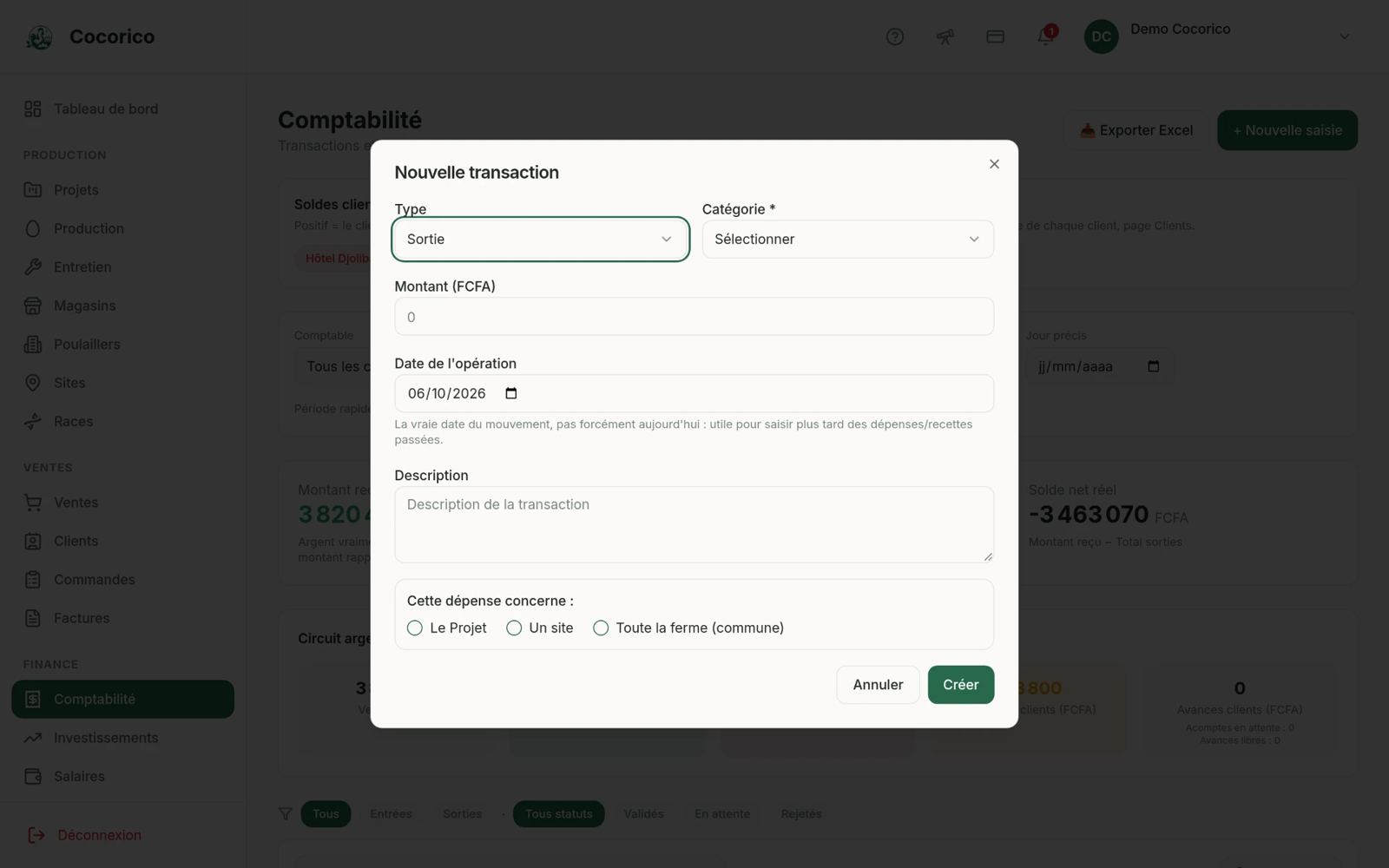 Écran Comptabilité de l'application web Cocorico
