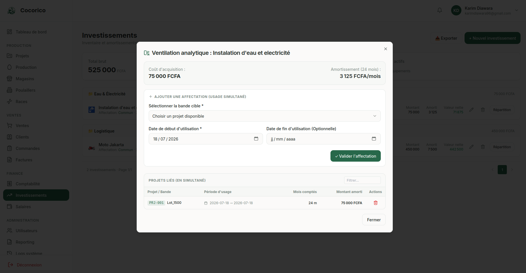 Écran Investissements de l'application web Cocorico